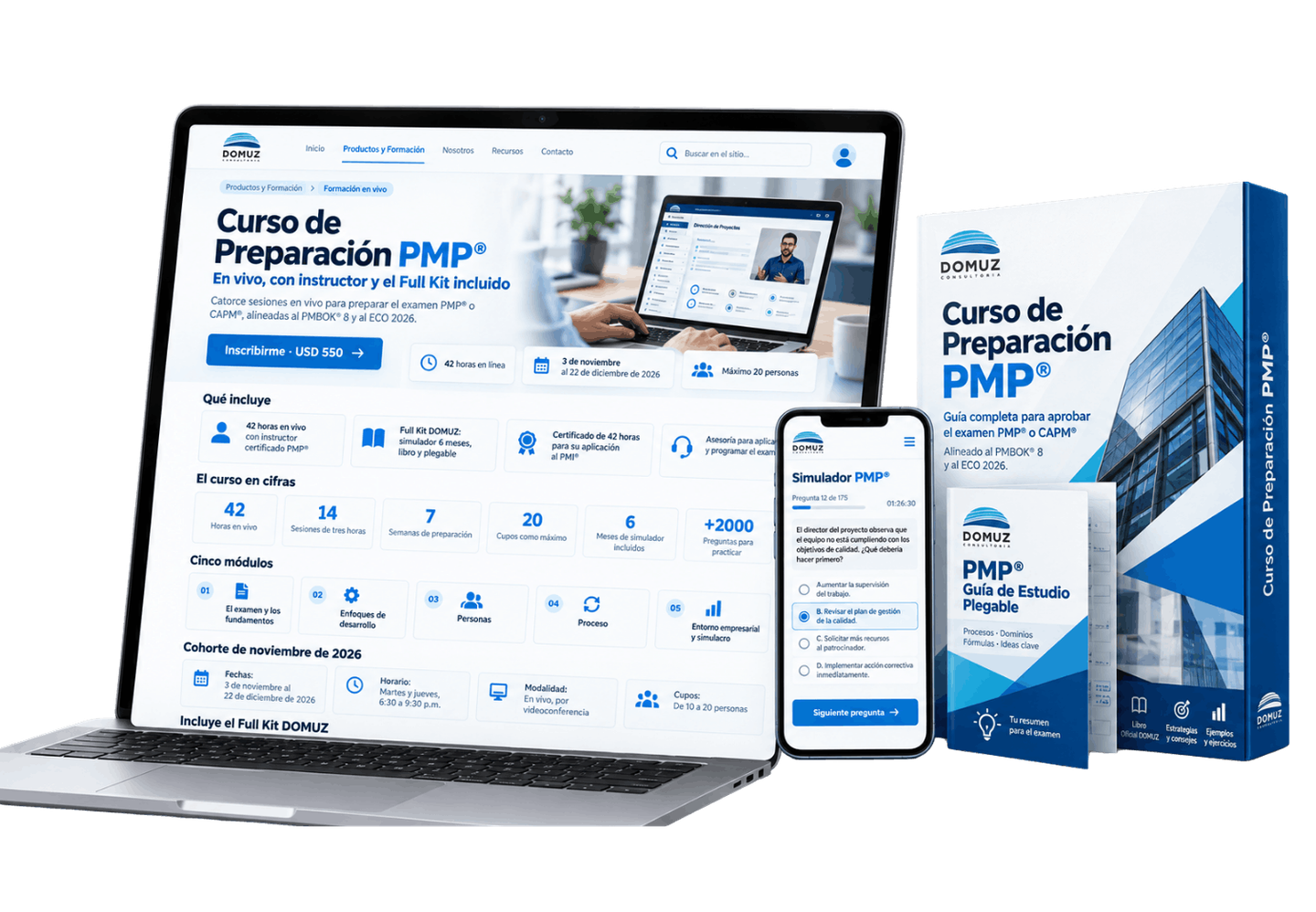 Portátil con la página del Curso de Preparación PMP®, teléfono con el simulador y la caja del curso con la guía plegable