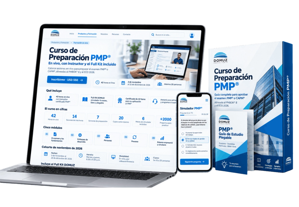 Portátil con la página del Curso de Preparación PMP®, teléfono con el simulador y la caja del curso con la guía plegable