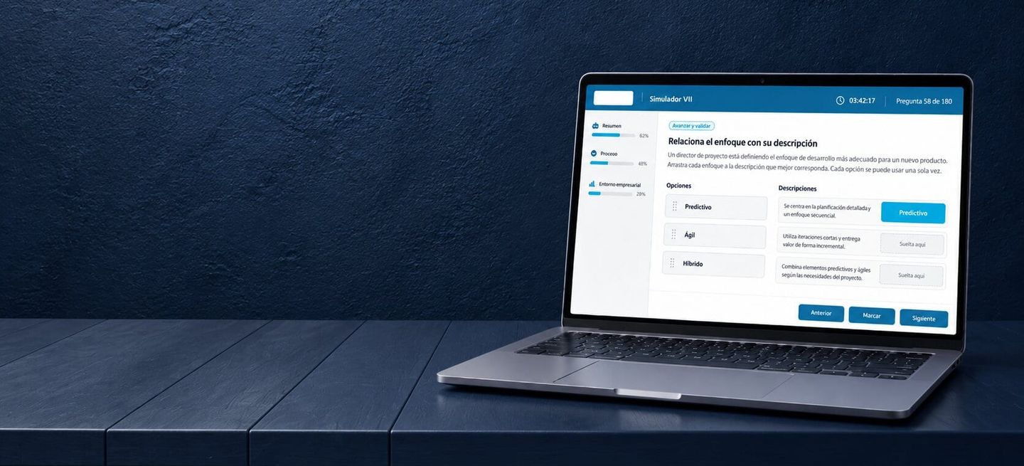 Portátil sobre un escritorio azul con el simulador abierto en una pregunta de arrastrar y soltar, con el cronómetro y el avance por dominio