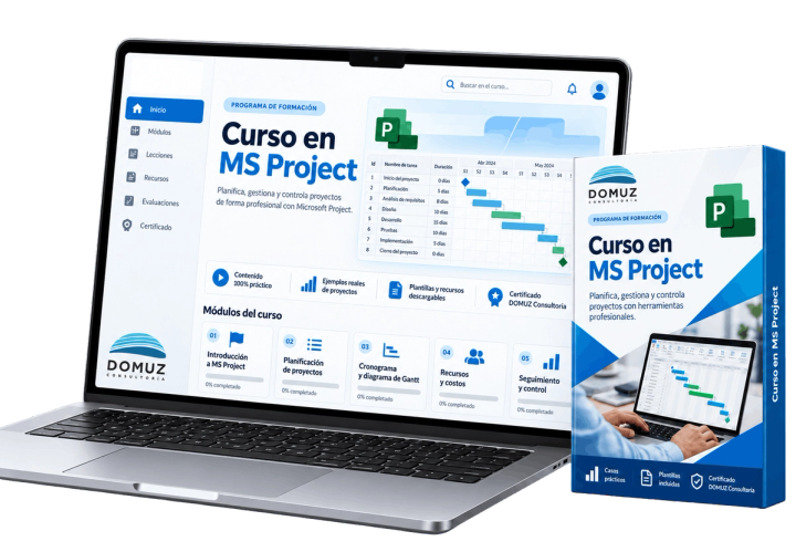 Portátil con la plataforma del Curso en MS Project de DOMUZ junto a la caja del curso
