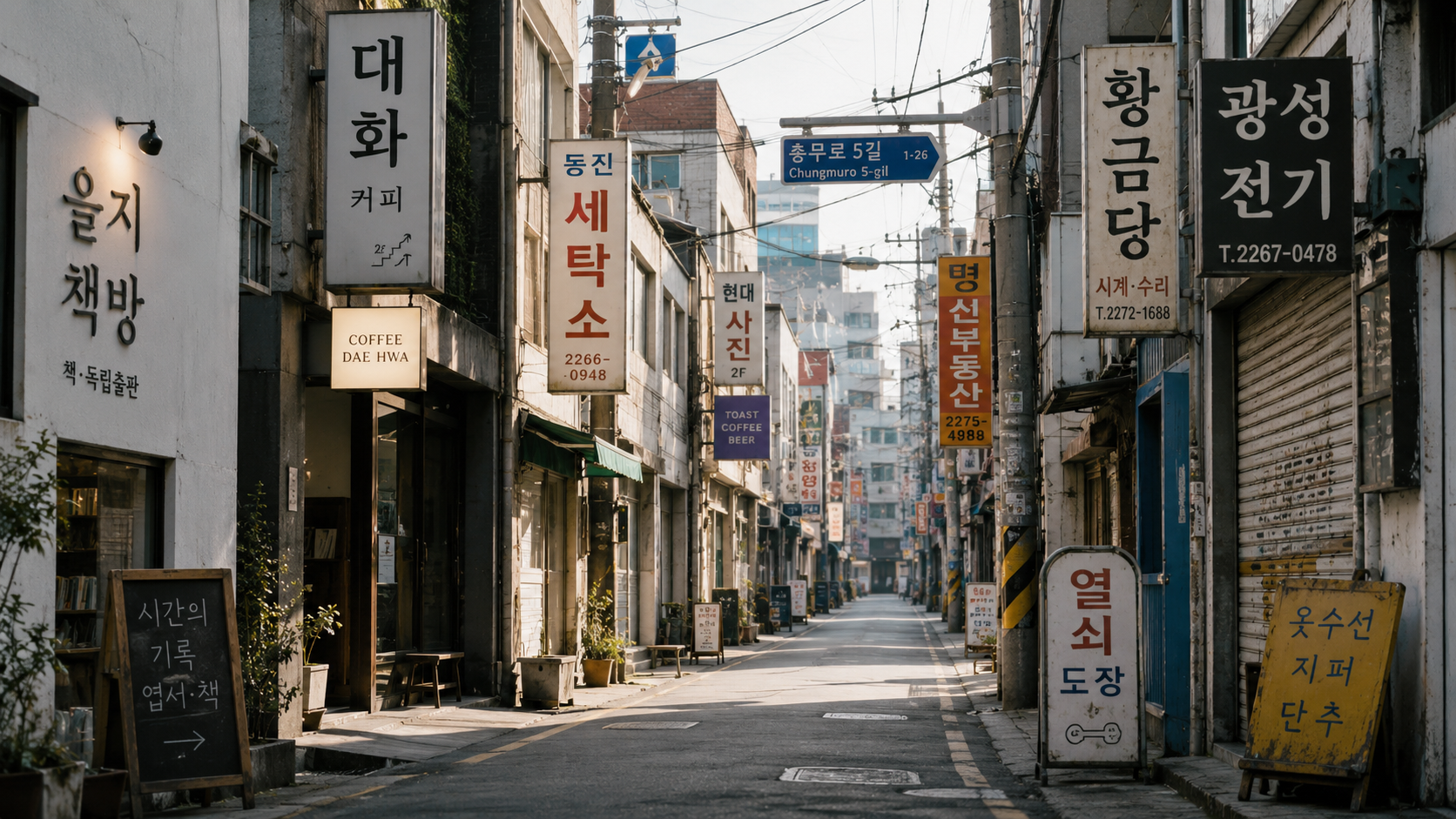 서로 다른 크기와 색상의 한글 간판이 이어진 거리