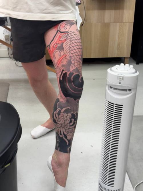 Side view of the right leg before the knee and inner thigh are shaded