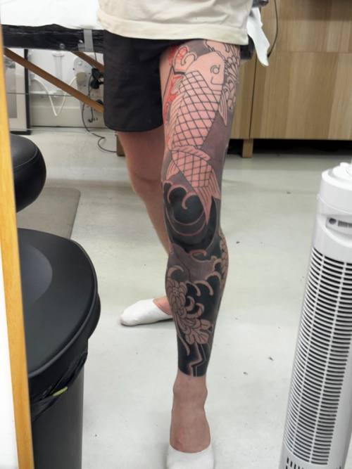 Front of the right leg with the thigh marked up for shading, black background below the knee