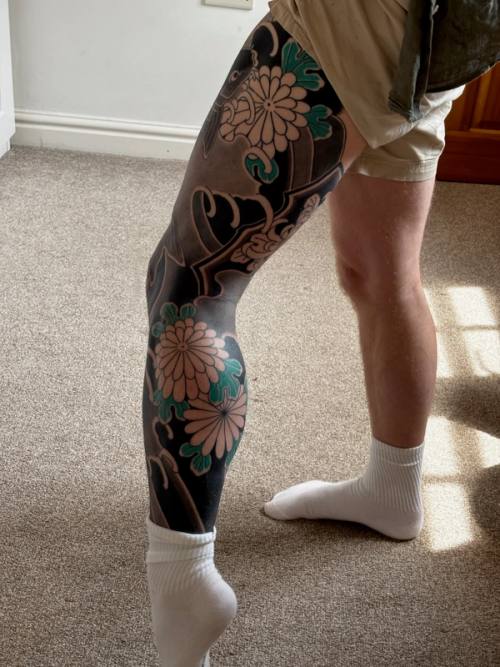 Back of the right leg at home, chrysanthemums healed with green leaves