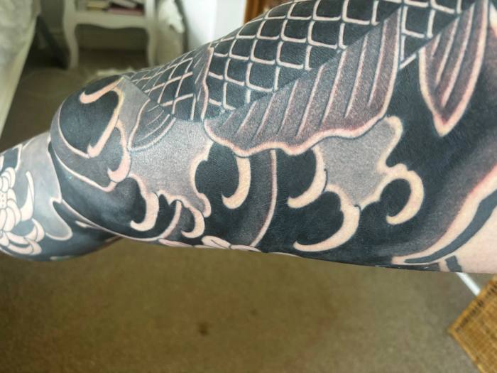Inside of the right leg, waves and koi scales, the day after shading