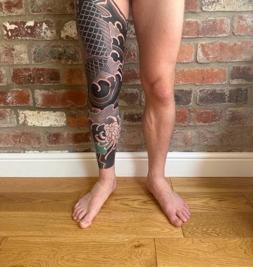 Right leg at home the day after: shaded koi, full background and green chrysanthemum petals, front view