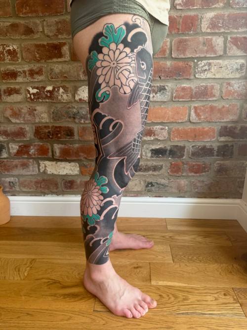 Side view of the right leg sleeve at home the day after the back-to-back