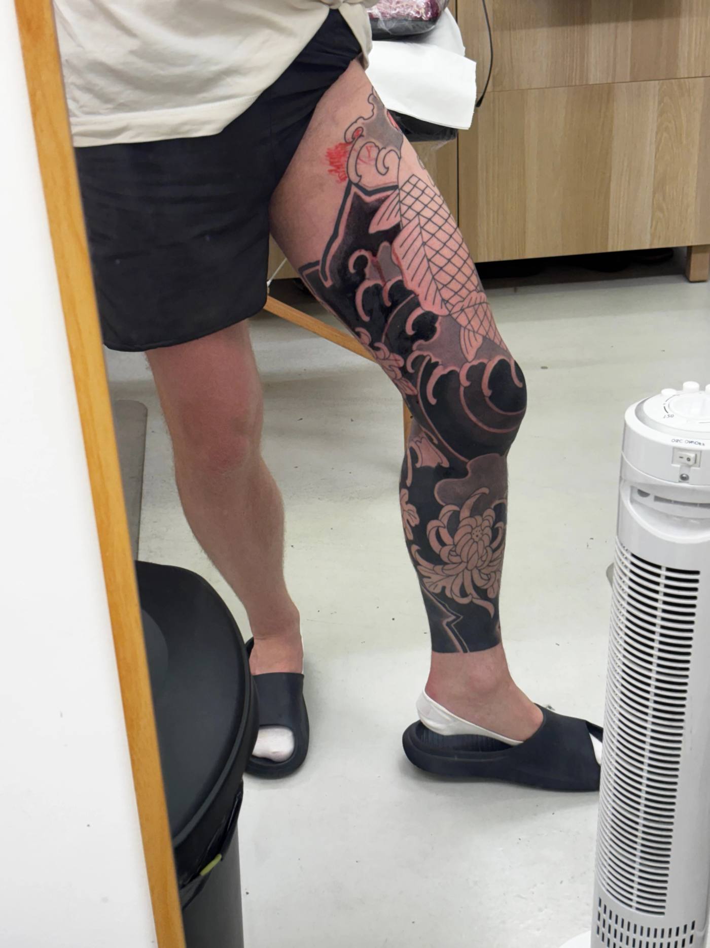 Right leg in the studio mirror before day one, the thigh marked out in red for shading