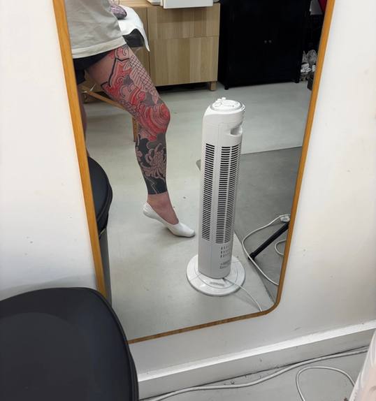 Studio mirror before the session, the day’s background marked out in red on the thigh