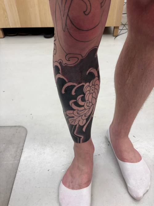 Front of the lower right leg with the background packed in black around the chrysanthemum