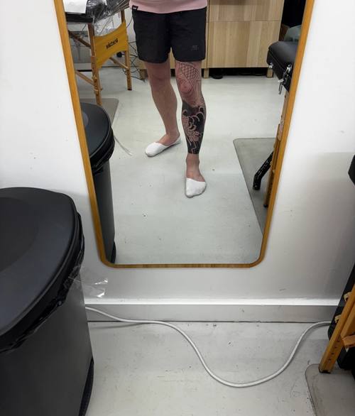 Right leg in the studio mirror after day one of background shading, the lower leg newly blacked in