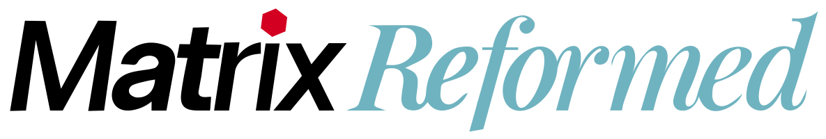 Matrix Reformed logo featuring the word 'Matrix' in black, a bold red 'X' in the center, and the word 'Reformed' in light blue on a transparent background.