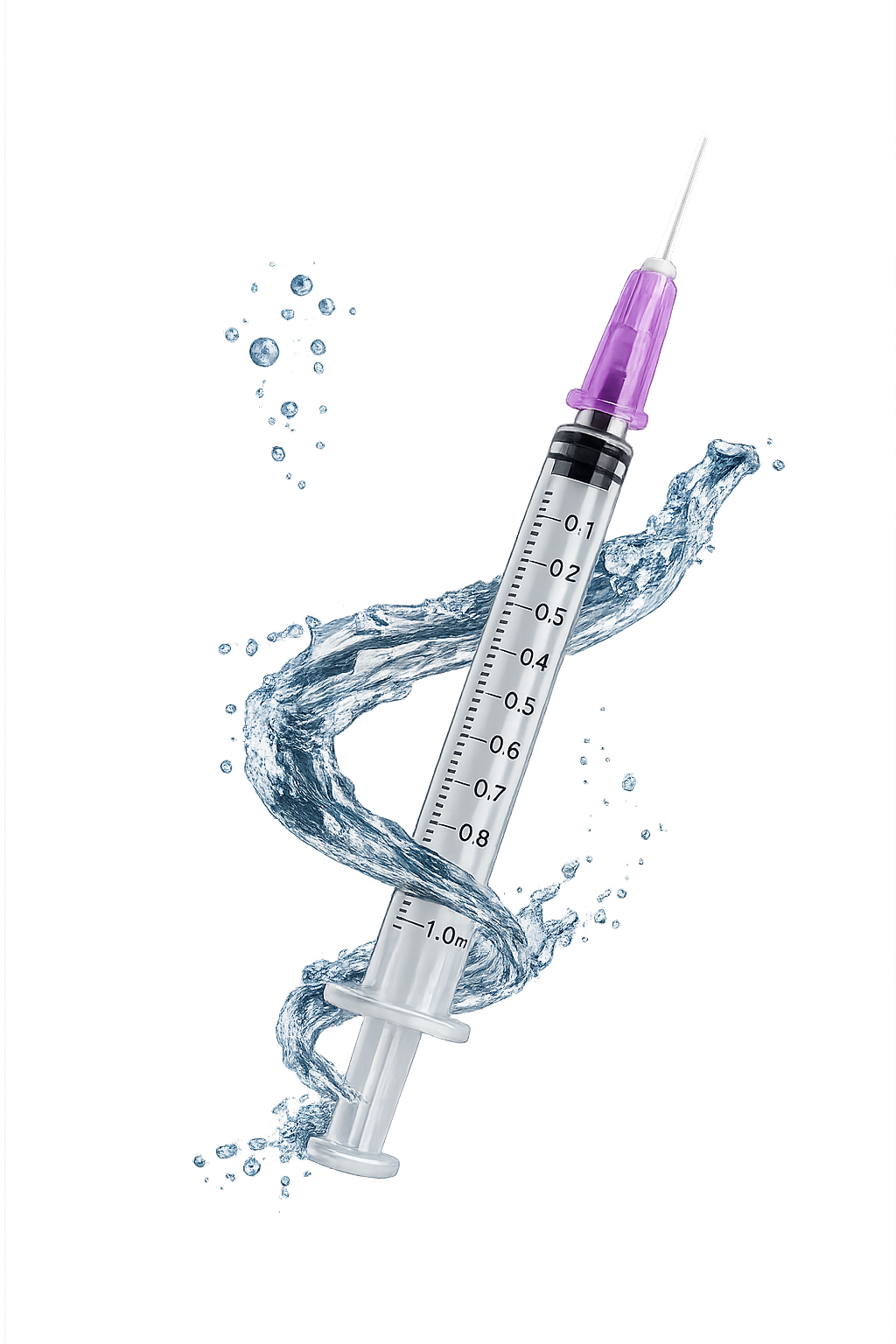 Medical syringe with water splash on a transparent background.