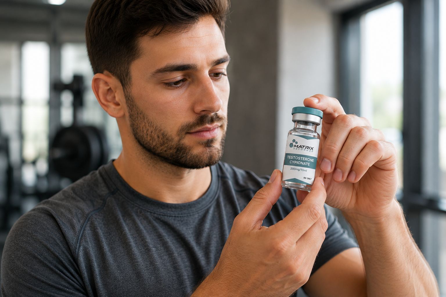 Young man holding a testosterone cypionate vial in a fitness facility