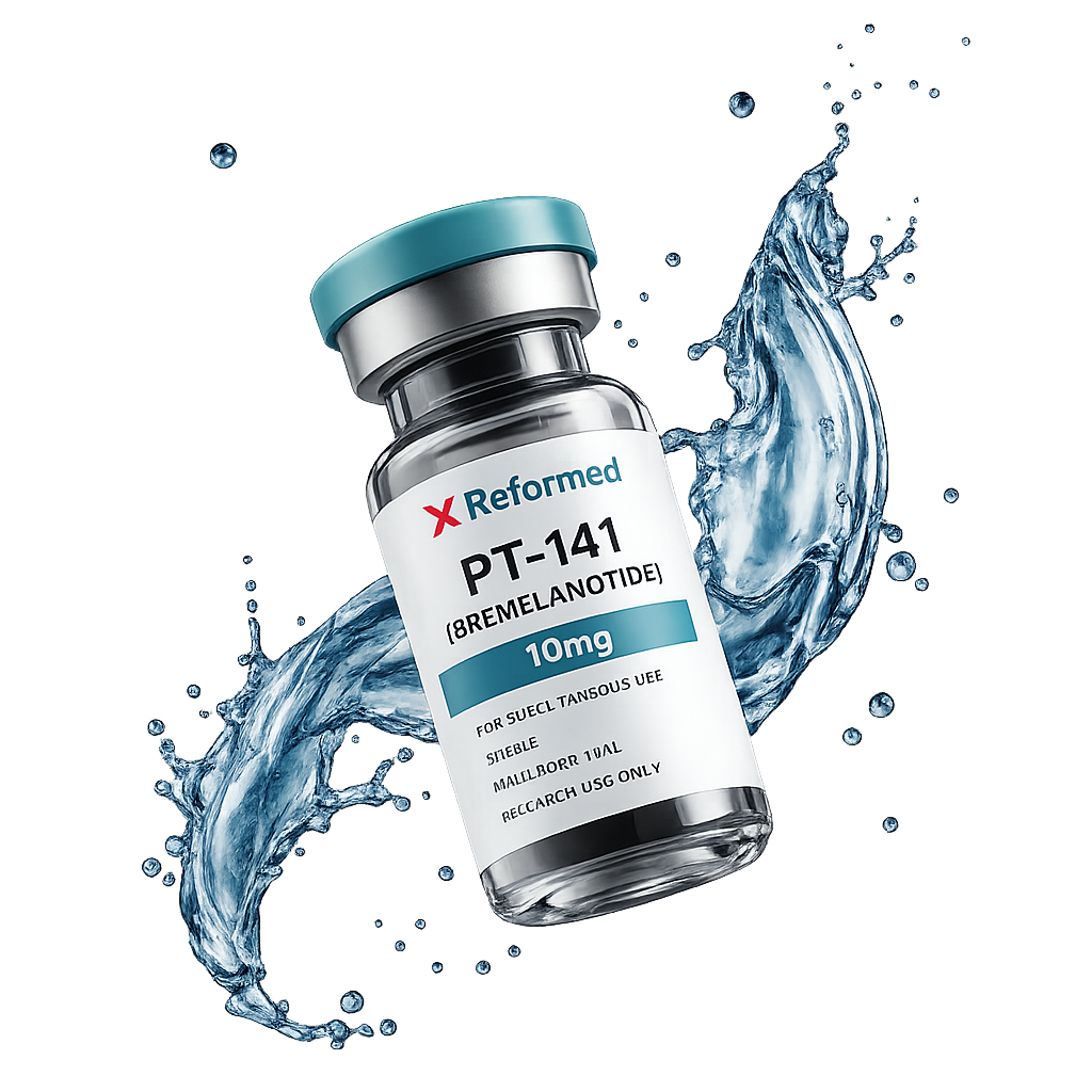 PT-141 (Bremelanotide) peptide therapy vial with dynamic water splash effect, representing sexual wellness, vitality support, and personalized peptide treatment