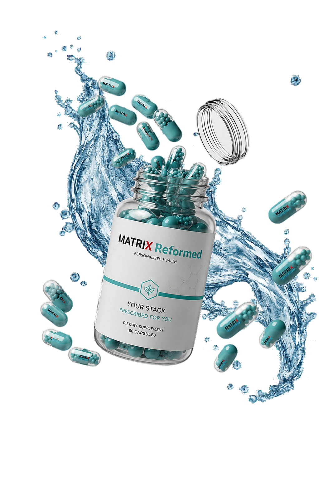 Personalized supplement capsules spilling from an open bottle with water splash effects.