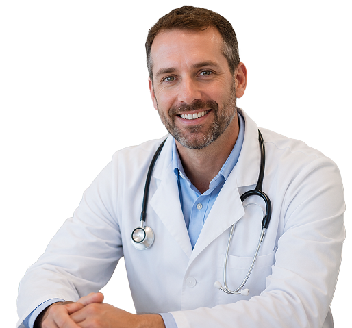 Smiling doctor in a white coat with a stethoscope.