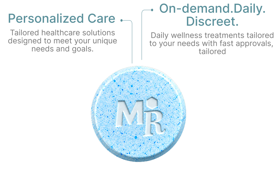 White branded tablet with embossed M logo representing on-demand erectile dysfunction treatment and men's sexual health medication