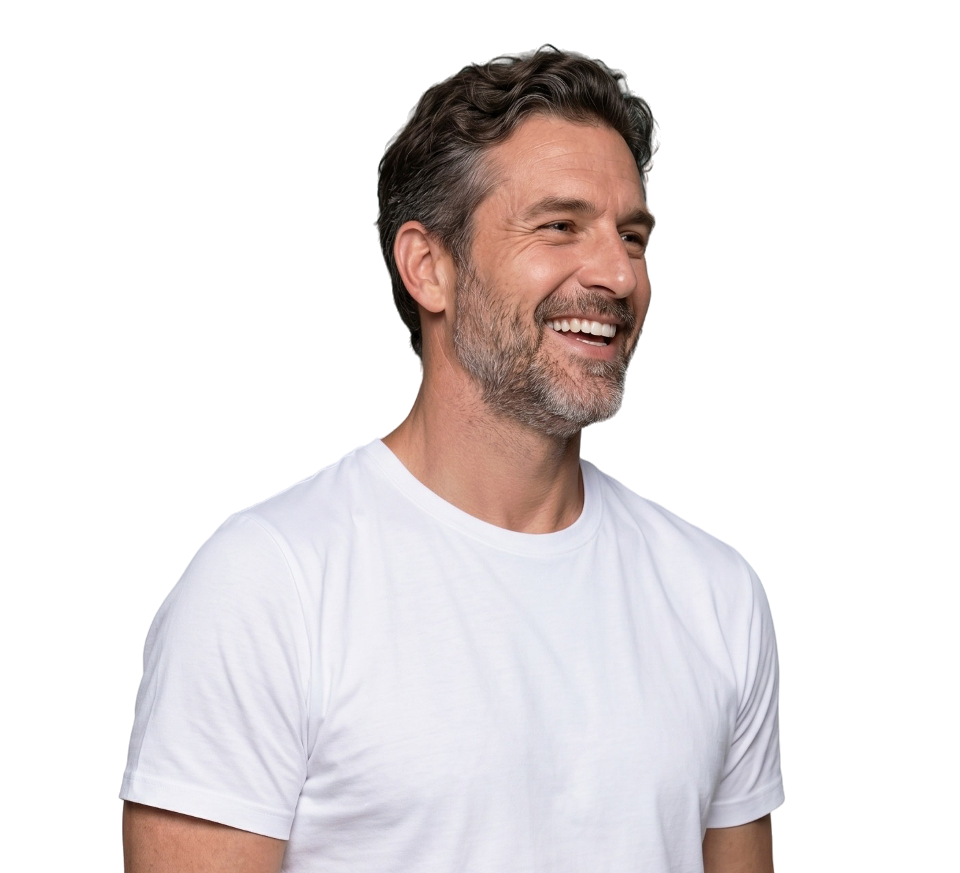 Smiling middle-aged man in a white t-shirt looking to the side, representing men's health, vitality, confidence, healthy aging, and overall wellness.