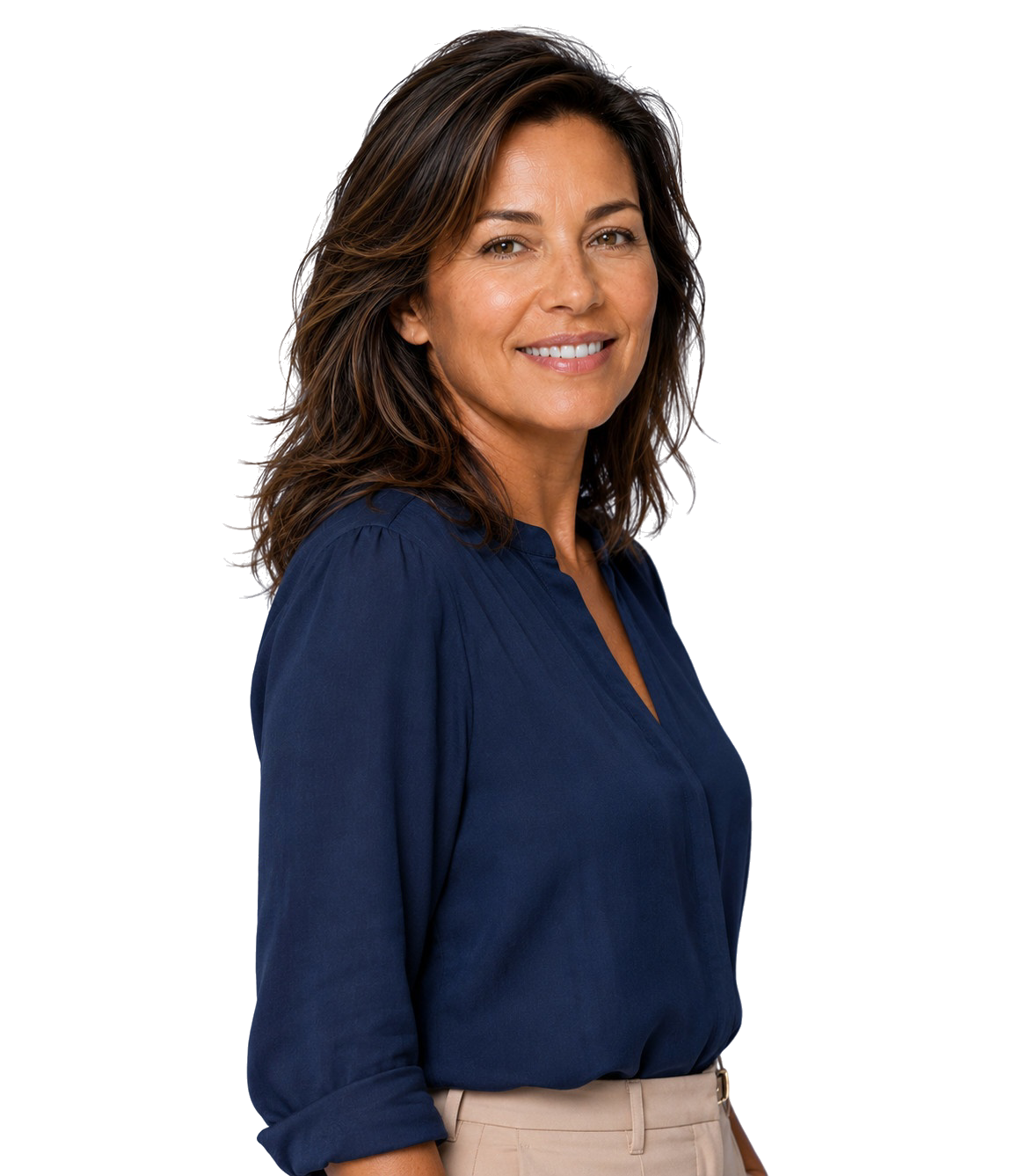 Confident middle-aged woman smiling in professional attire, representing healthy aging, vitality, wellness, and empowered living