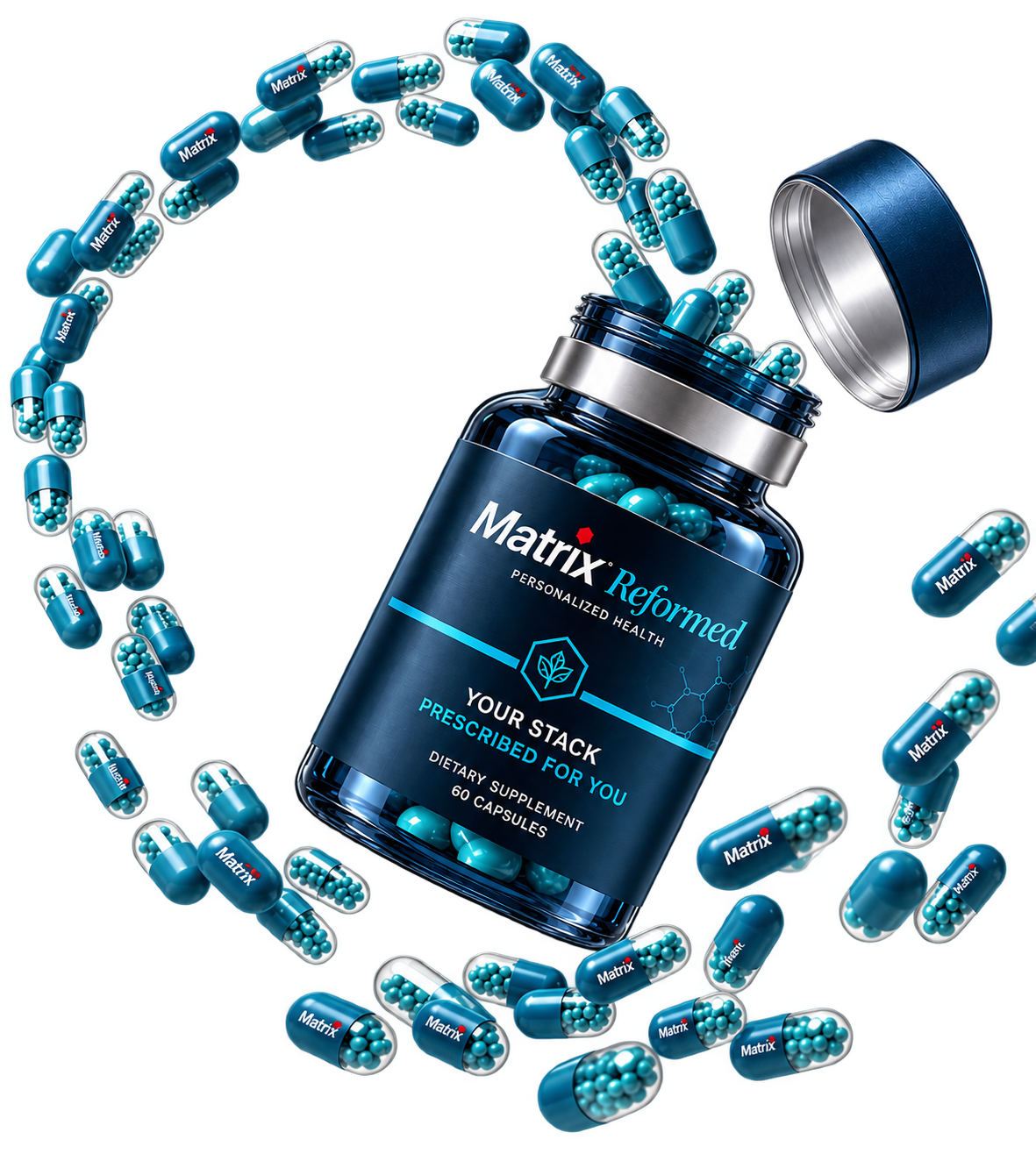 Matrix Reformed supplement bottle surrounded by capsules, representing personalized wellness, daily health optimization, nutritional support, and longevity-focused care