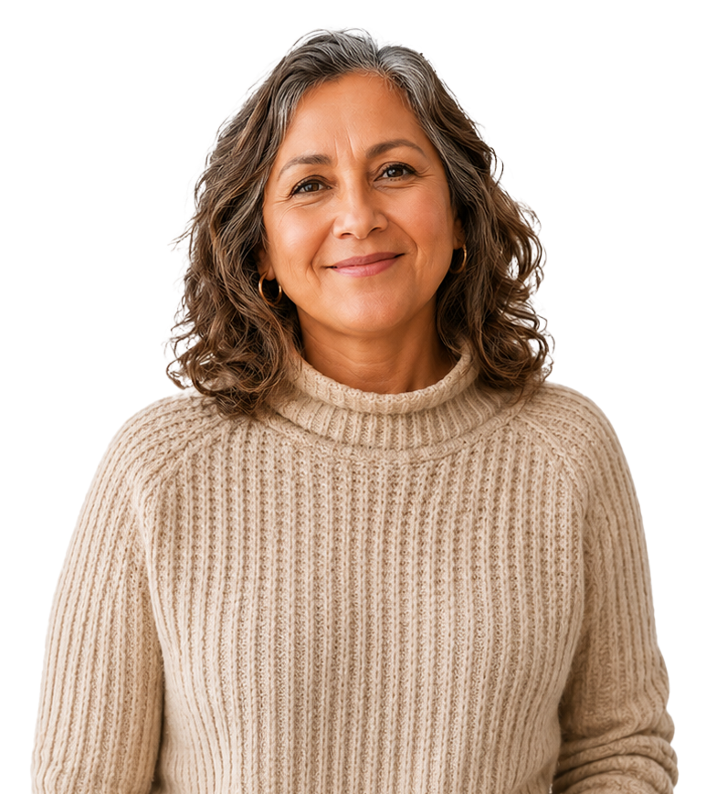 Smiling middle-aged woman wearing a beige knit sweater.