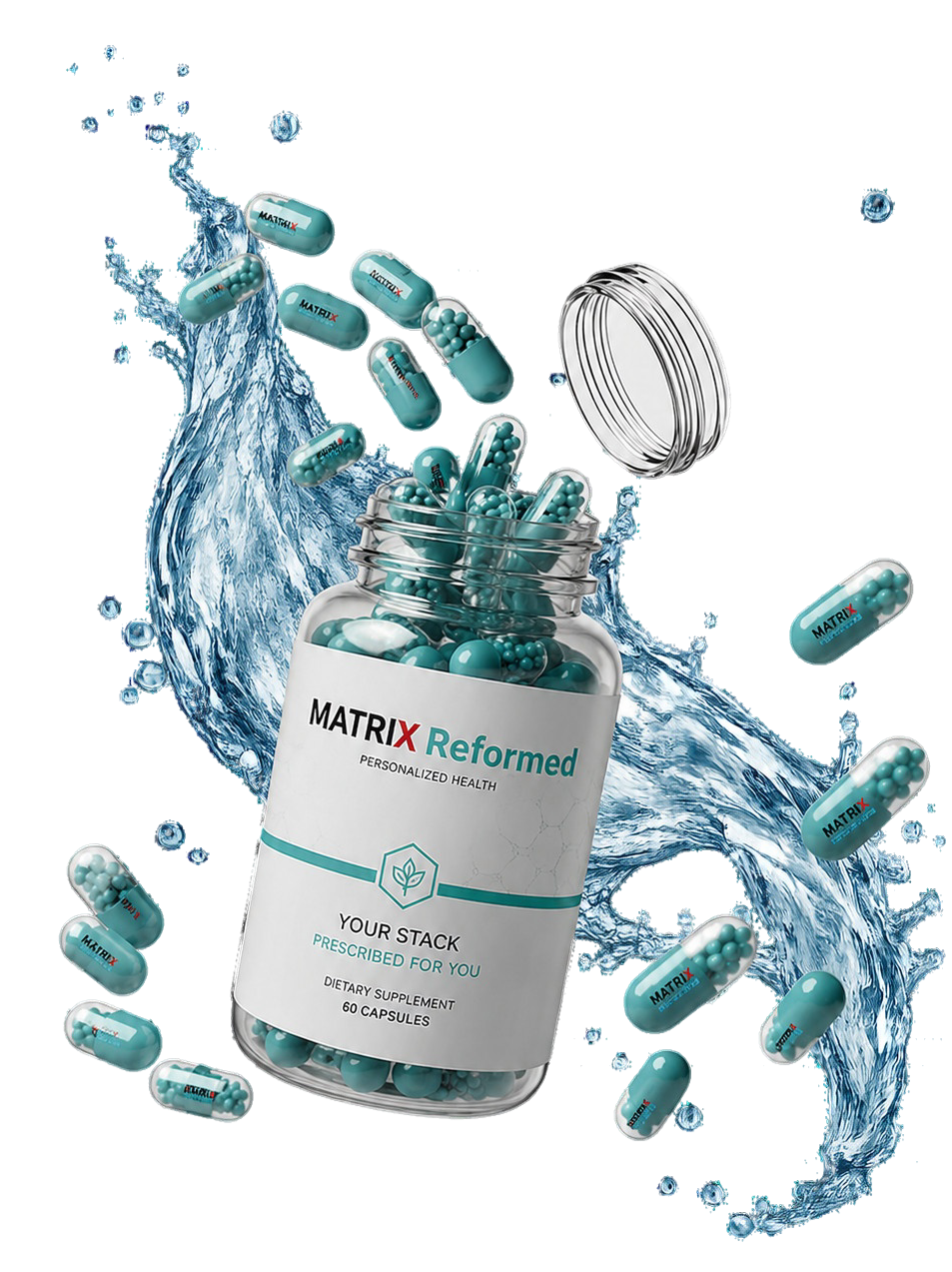 Personalized supplement capsules spilling from an open bottle with water splash effects.