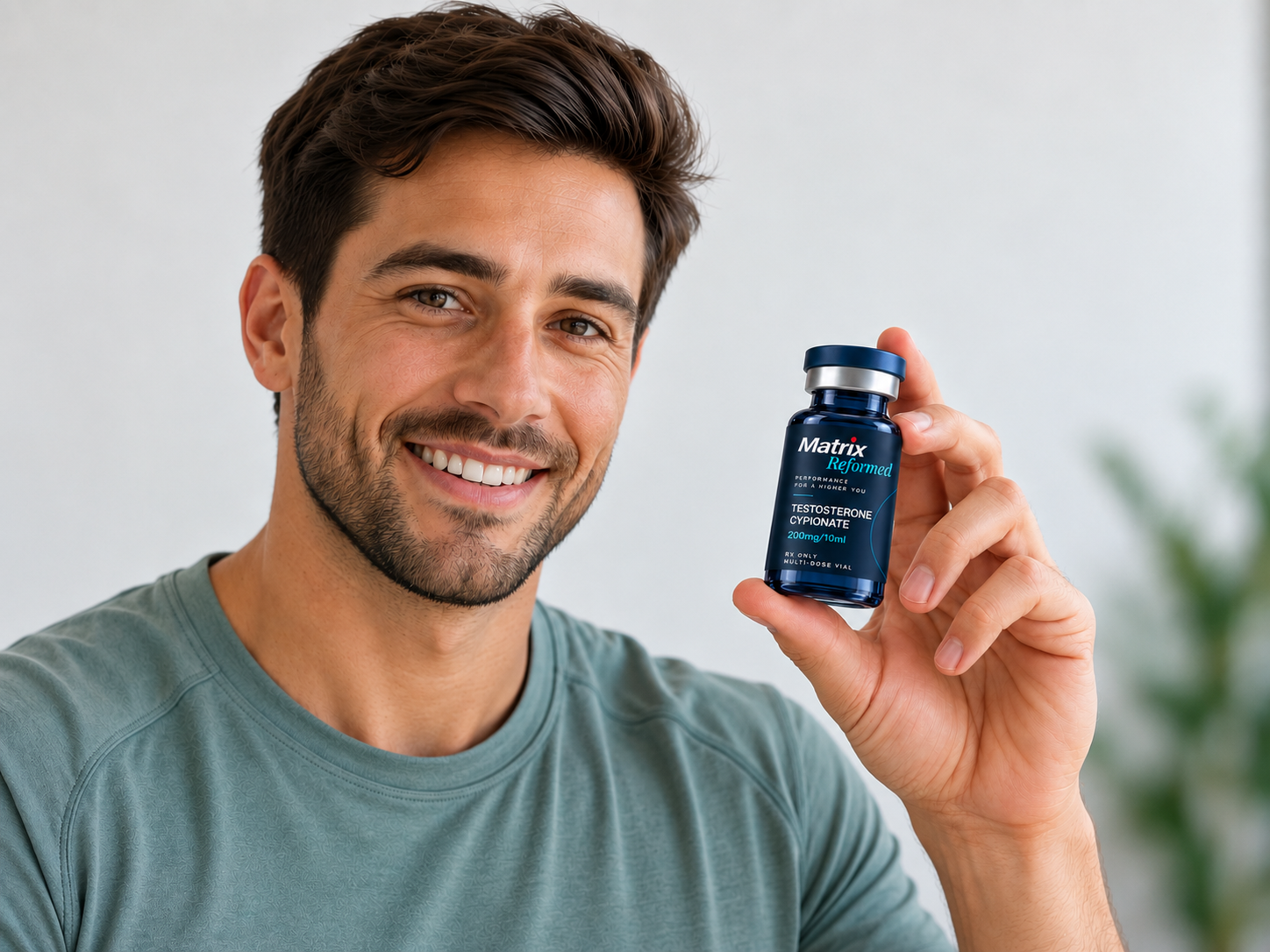 Smiling young man holding a semaglutide medication vial for weight management treatment