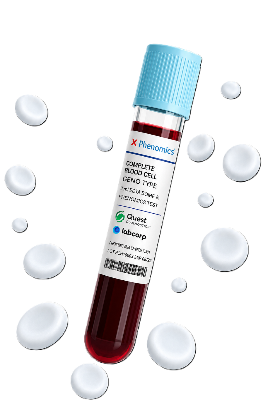 Blood collection vial surrounded by red blood cells, representing comprehensive blood testing, biomarker analysis, preventive healthcare, and personalized wellness assessment