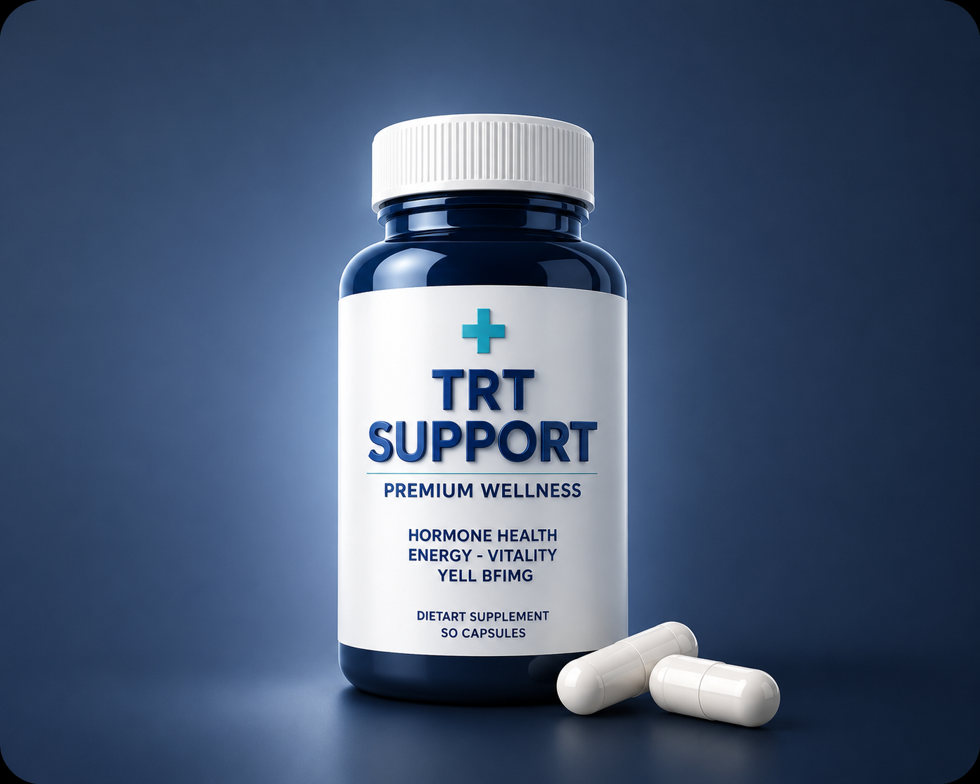 Blue TRT support supplement bottle with white capsules on a blue background, representing hormone health, vitality support, men's wellness, energy optimization, and healthy aging supplementation.