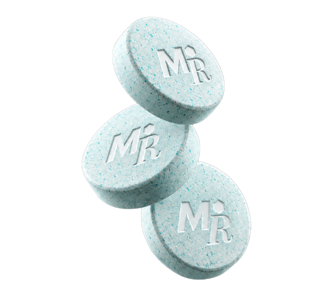 Three stacked speckled tablets with an embossed M logo.