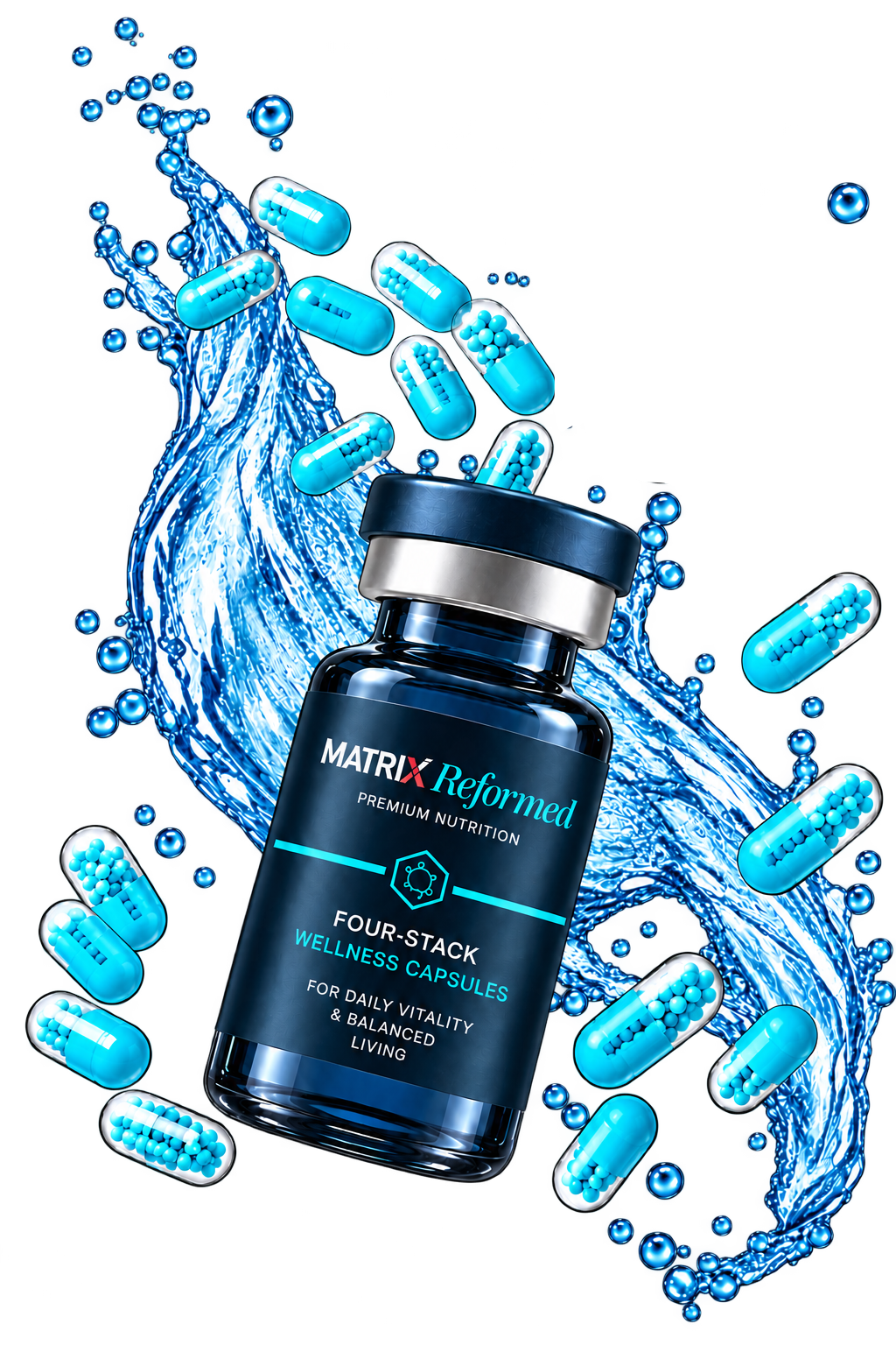 Personalized supplement capsules spilling from an open bottle with water splash effects.