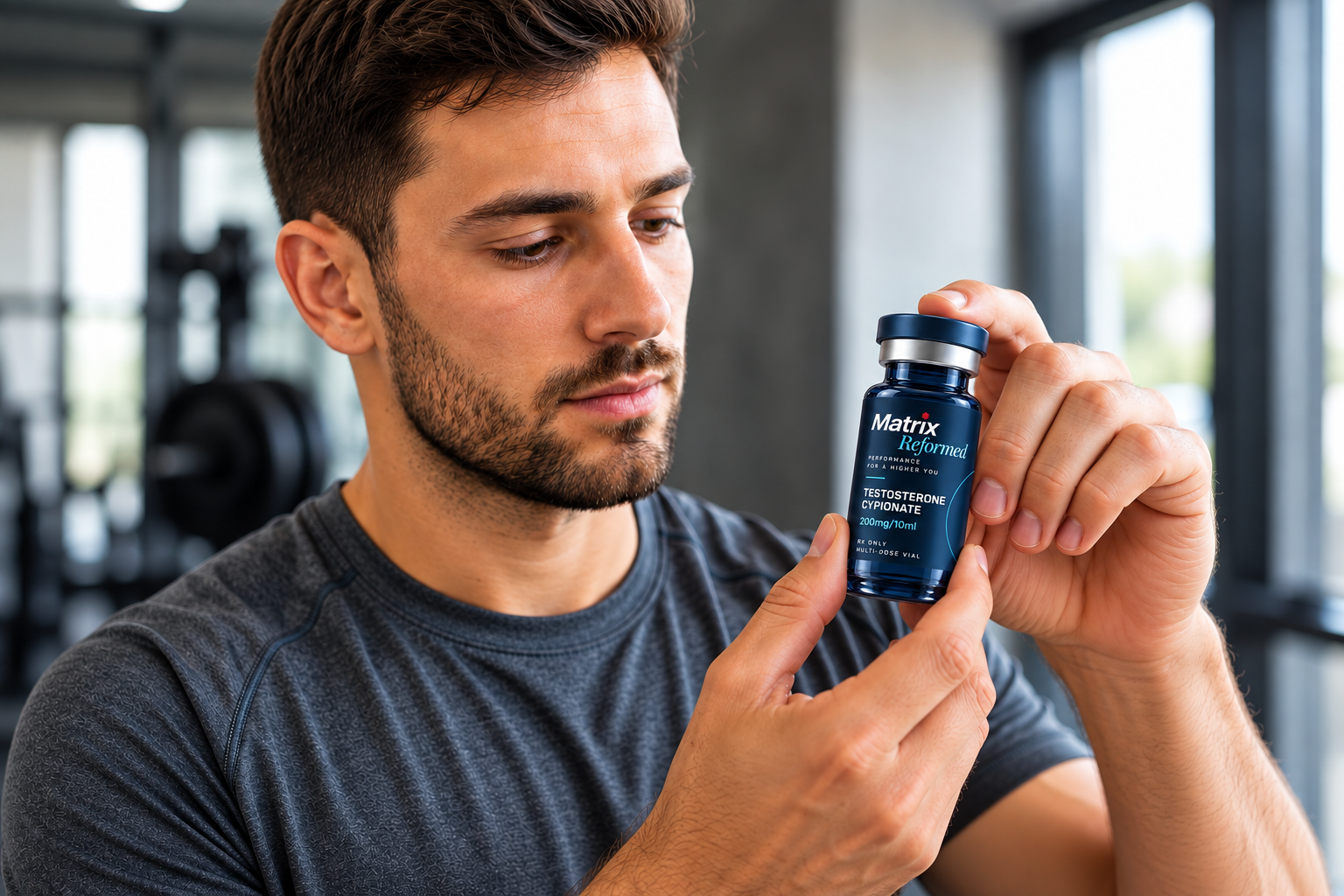 Young man holding a testosterone cypionate vial in a fitness facility