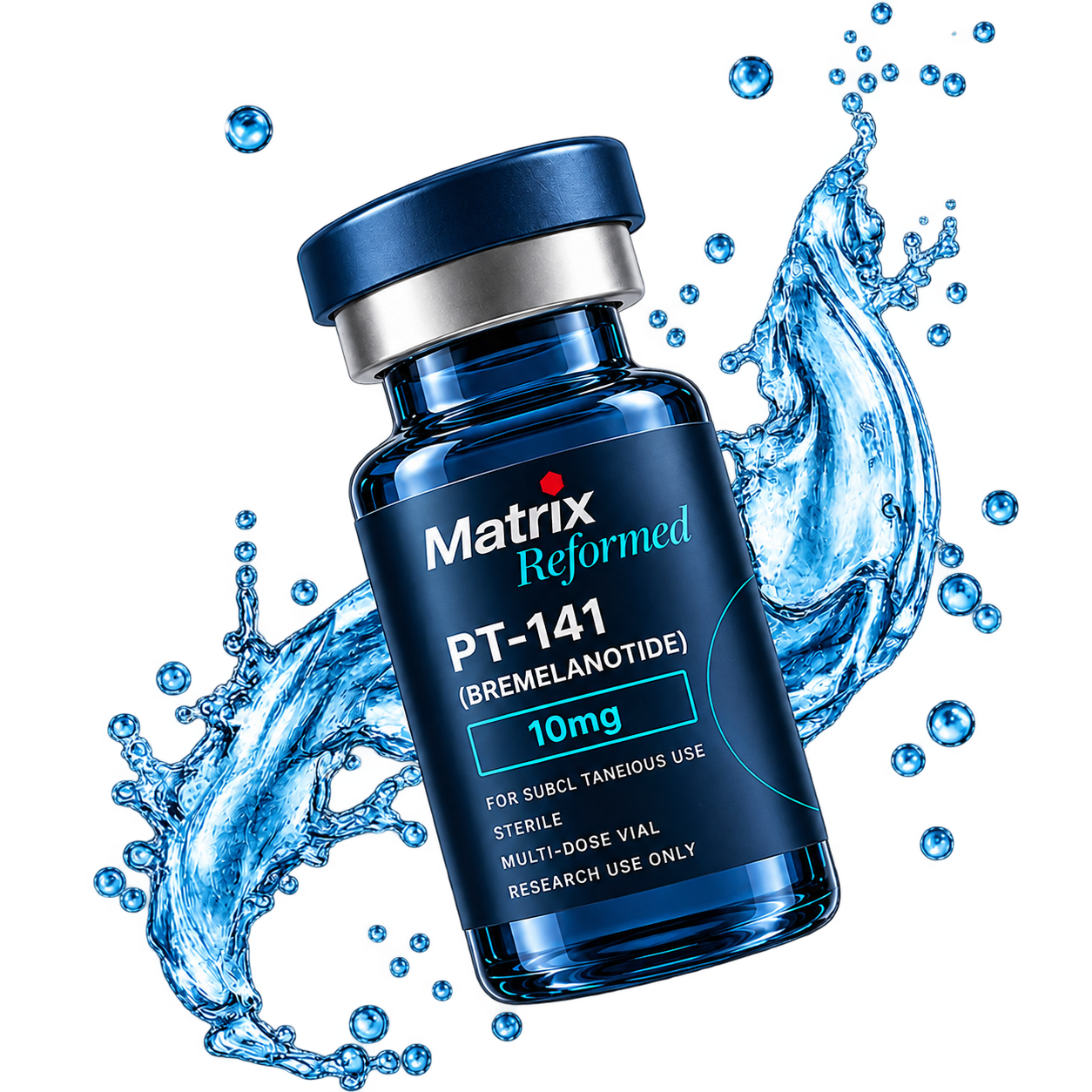 PT-141 (Bremelanotide) injectable vial displayed with a dynamic water splash background