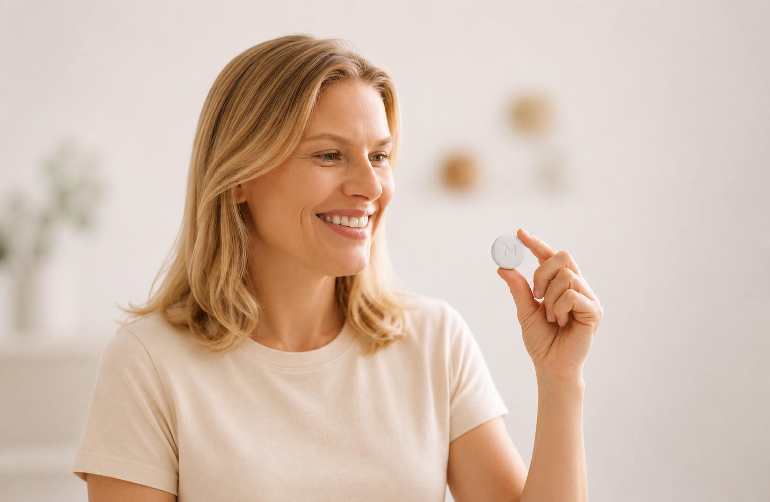 Smiling man holding a prescription tablet used as part of a hormone therapy treatment plan