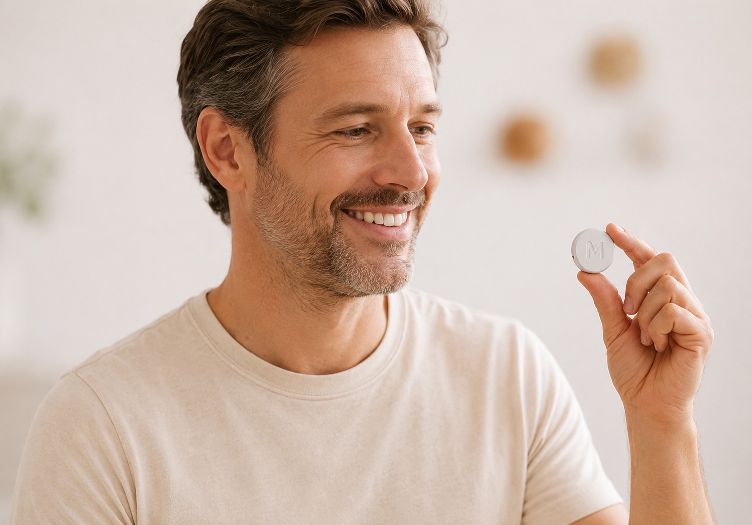 Smiling man holding a prescription tablet used as part of a hormone therapy treatment plan