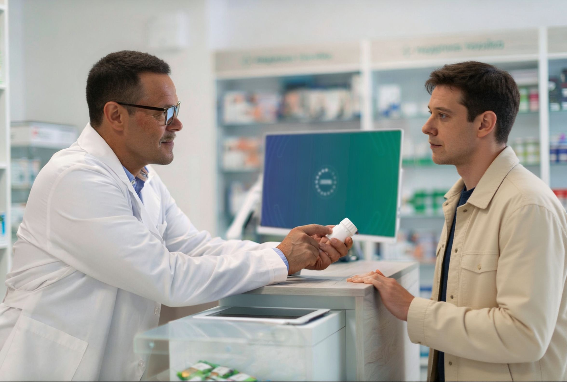 Pharmacist providing medication guidance to a patient at a pharmacy counter