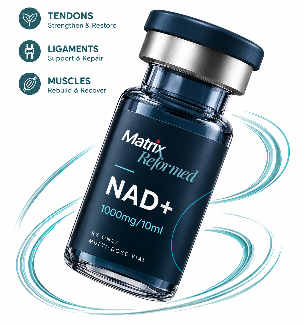 Testosterone cypionate injection vial with performance and recovery graphics, highlighting muscle recovery, tendon support, ligament repair, and men's hormone optimization therapy