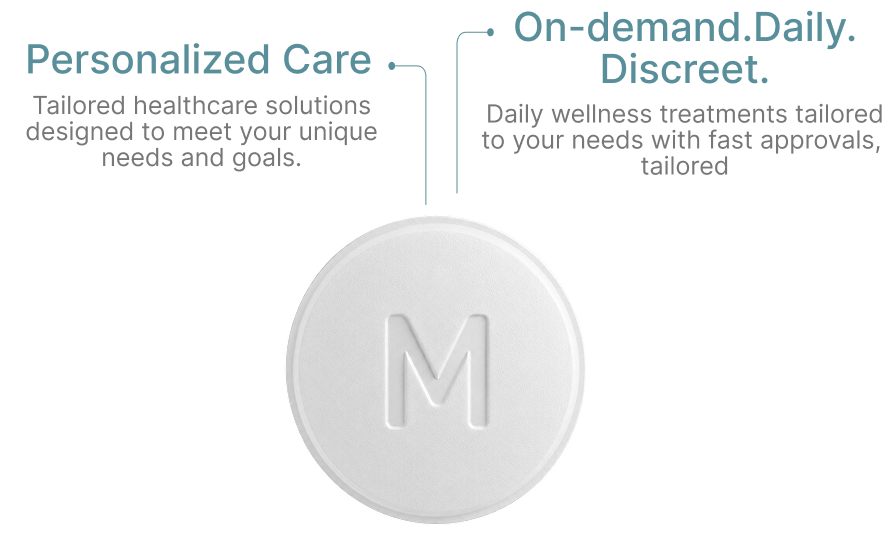 White branded tablet with embossed M logo representing on-demand erectile dysfunction treatment and men's sexual health medication