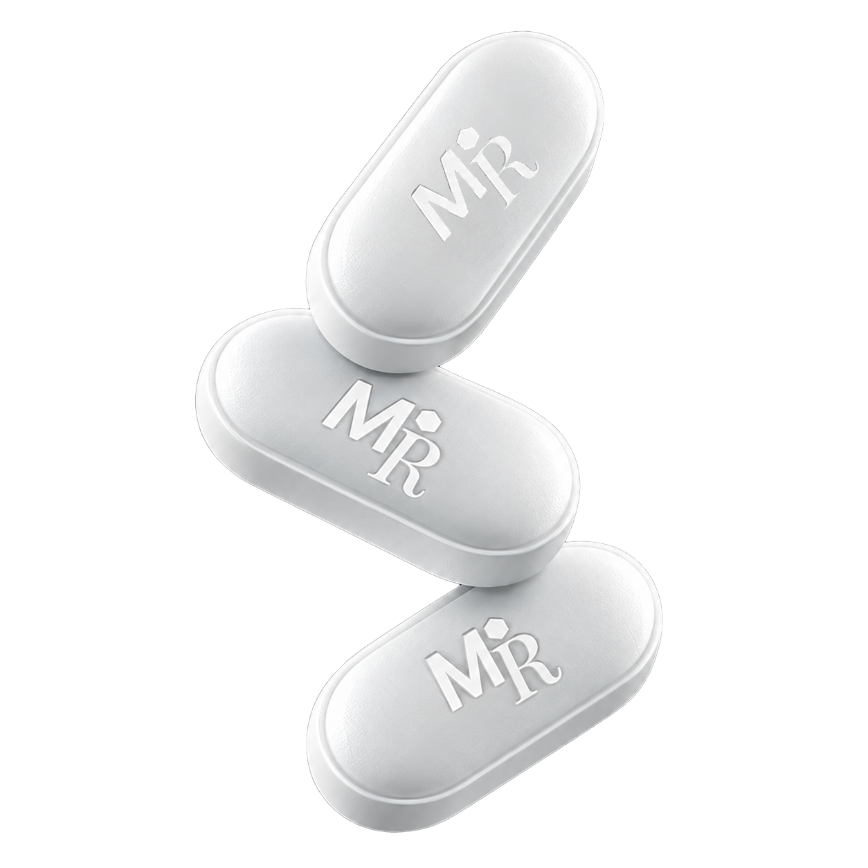 Three white oblong tablets with embossed M logo arranged in a balanced stack