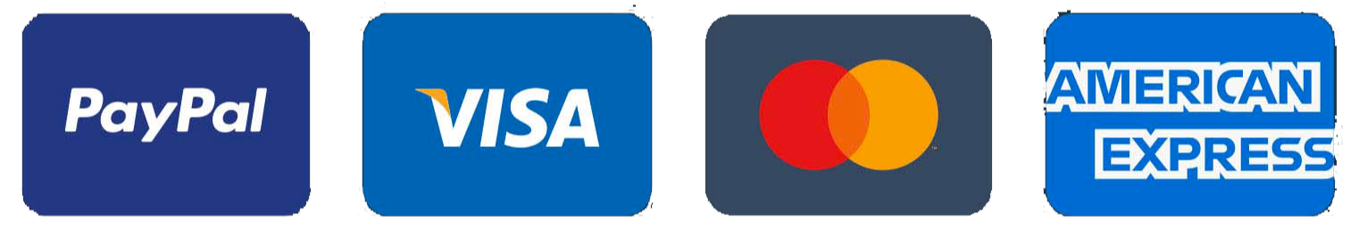 Accepted payment methods including PayPal, Visa, Mastercard, and American Express for secure online payments.