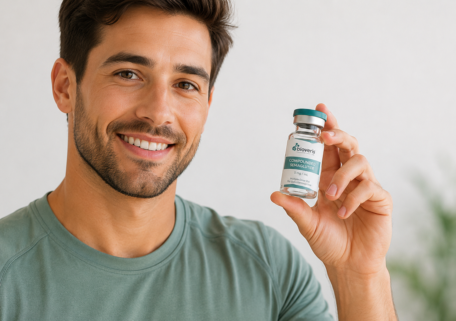 Smiling young man holding a semaglutide medication vial for weight management treatment
