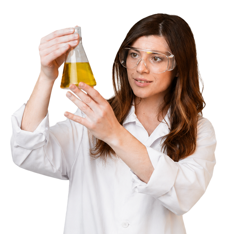 Scientist examining a liquid sample in a laboratory flask.