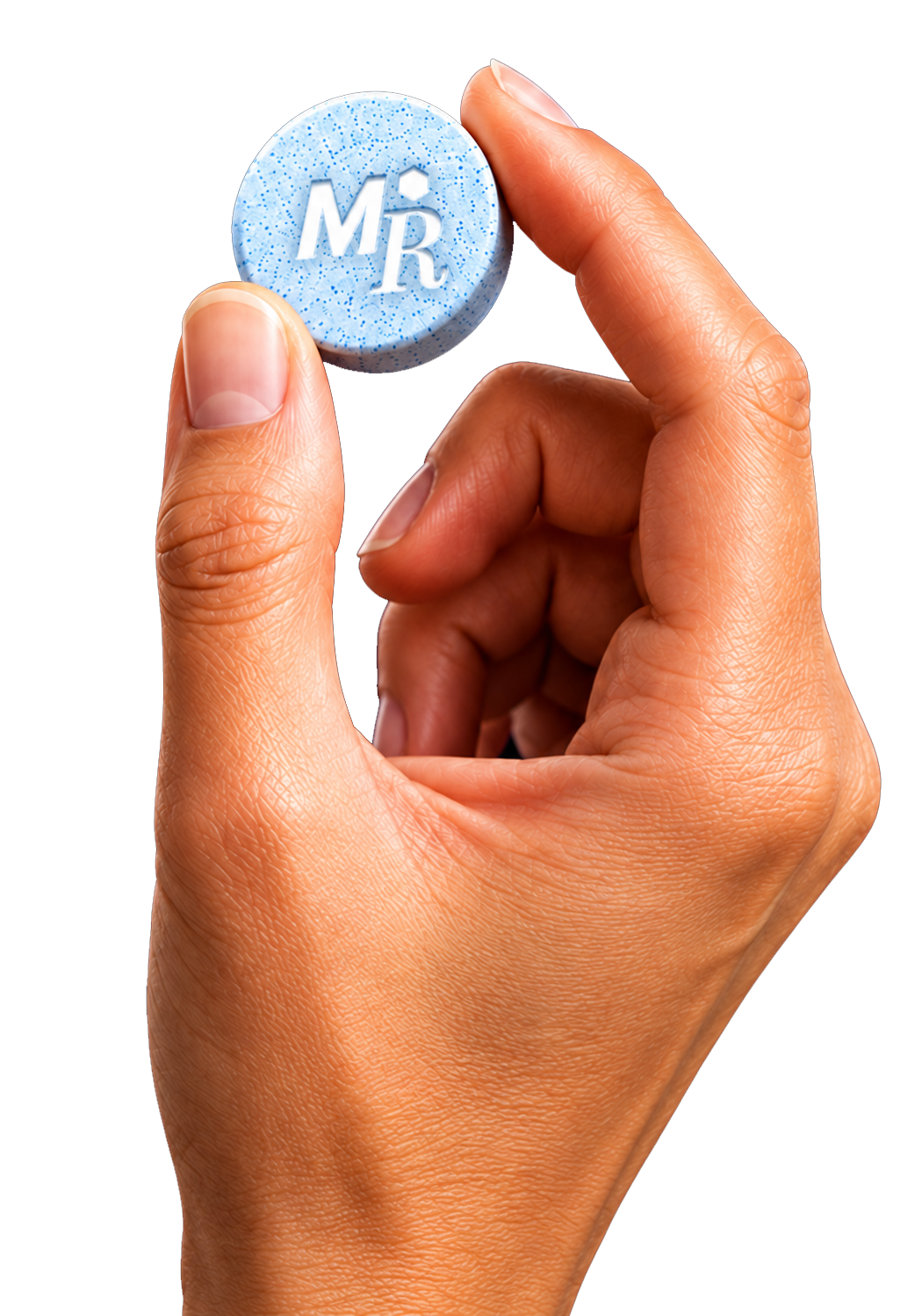 Hand holding a blue speckled wellness tablet with an embossed M logo, isolated on a transparent background, representing premium nutritional supplementation, daily health support, and convenient wellness solutions.