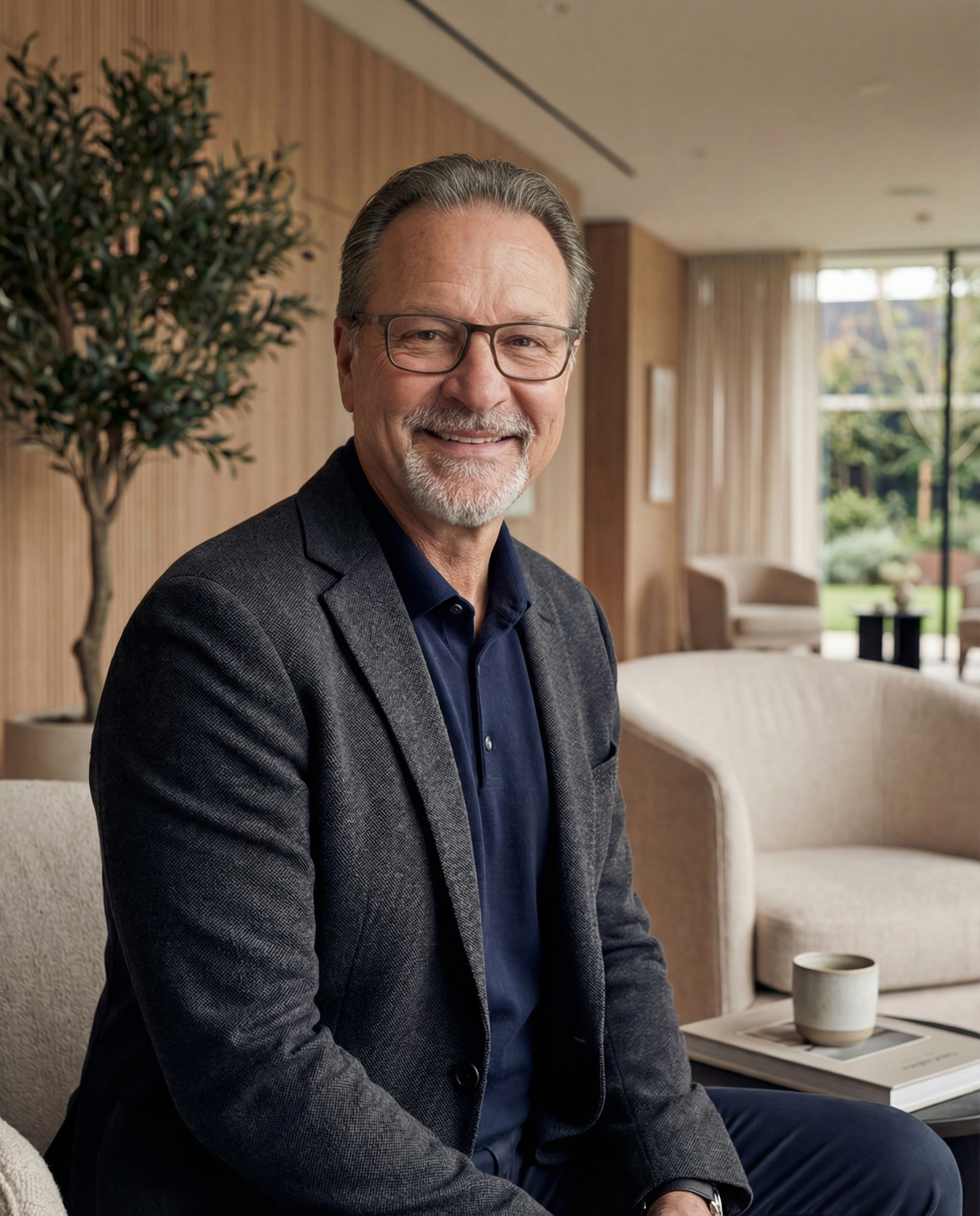 Smiling middle-aged man seated in a modern healthcare office.