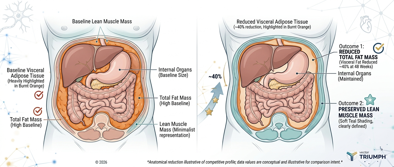 Medical illustration showing visceral adipose tissue reduction and favorable fat-to-lean mass partitioning