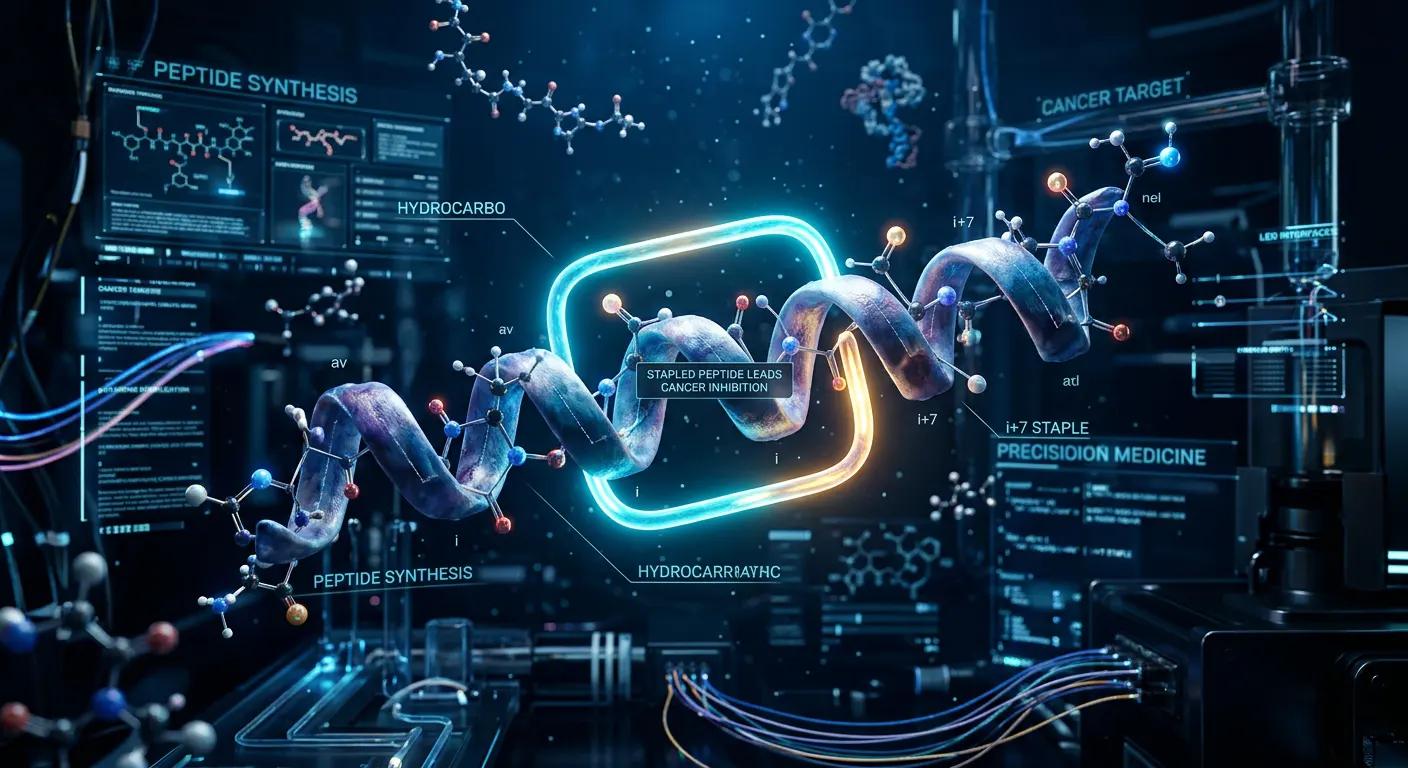3D molecular rendering of stapled peptides used in oncology and advanced drug research.