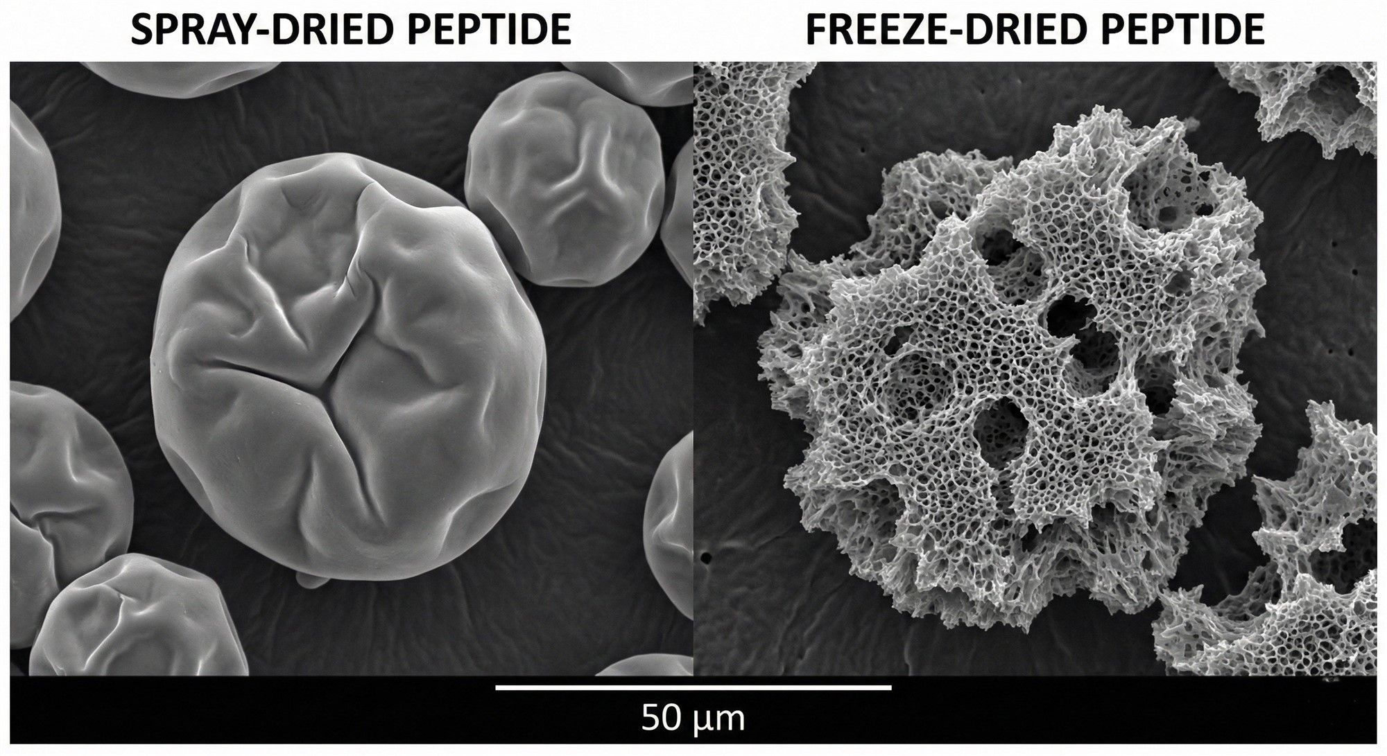 Microscopic comparison of spray-dried vs freeze-dried peptide powder