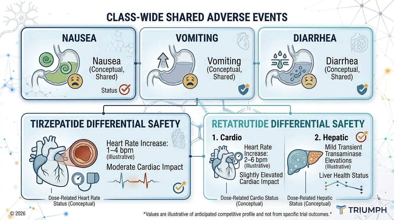 Infographic comparing shared gastrointestinal side effects and differential safety profiles of tirzepatide and retatrutide