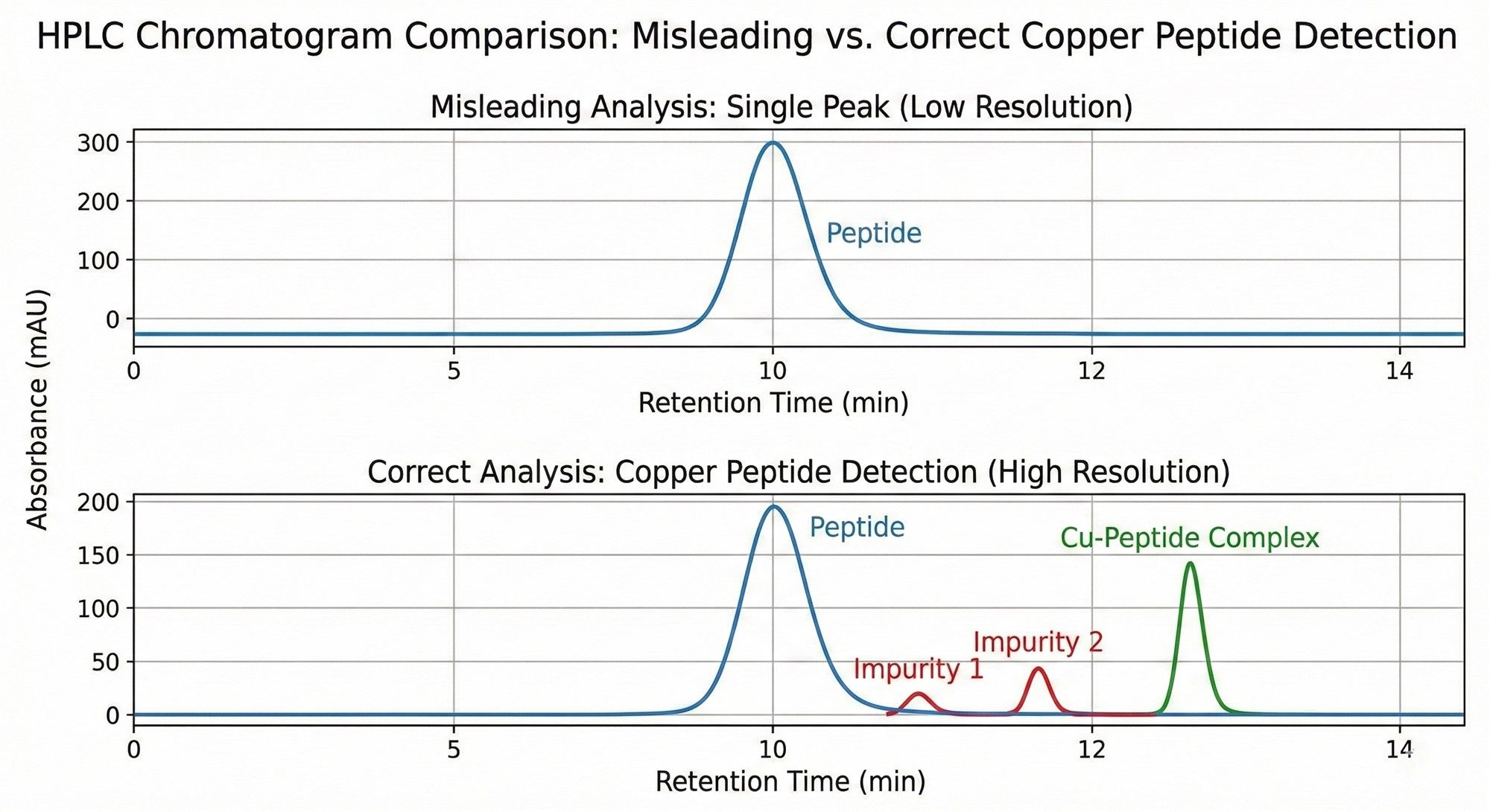 HPLC chromatogram comparison, misleading single peak vs correct copper peptide detection